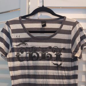 Obey Gray and White Striped Tee